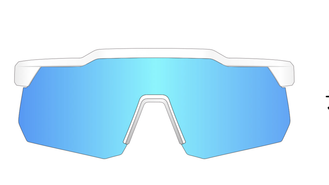 A pair of sunglasses featuring blue and white frames, stylishly designed for a modern look.
