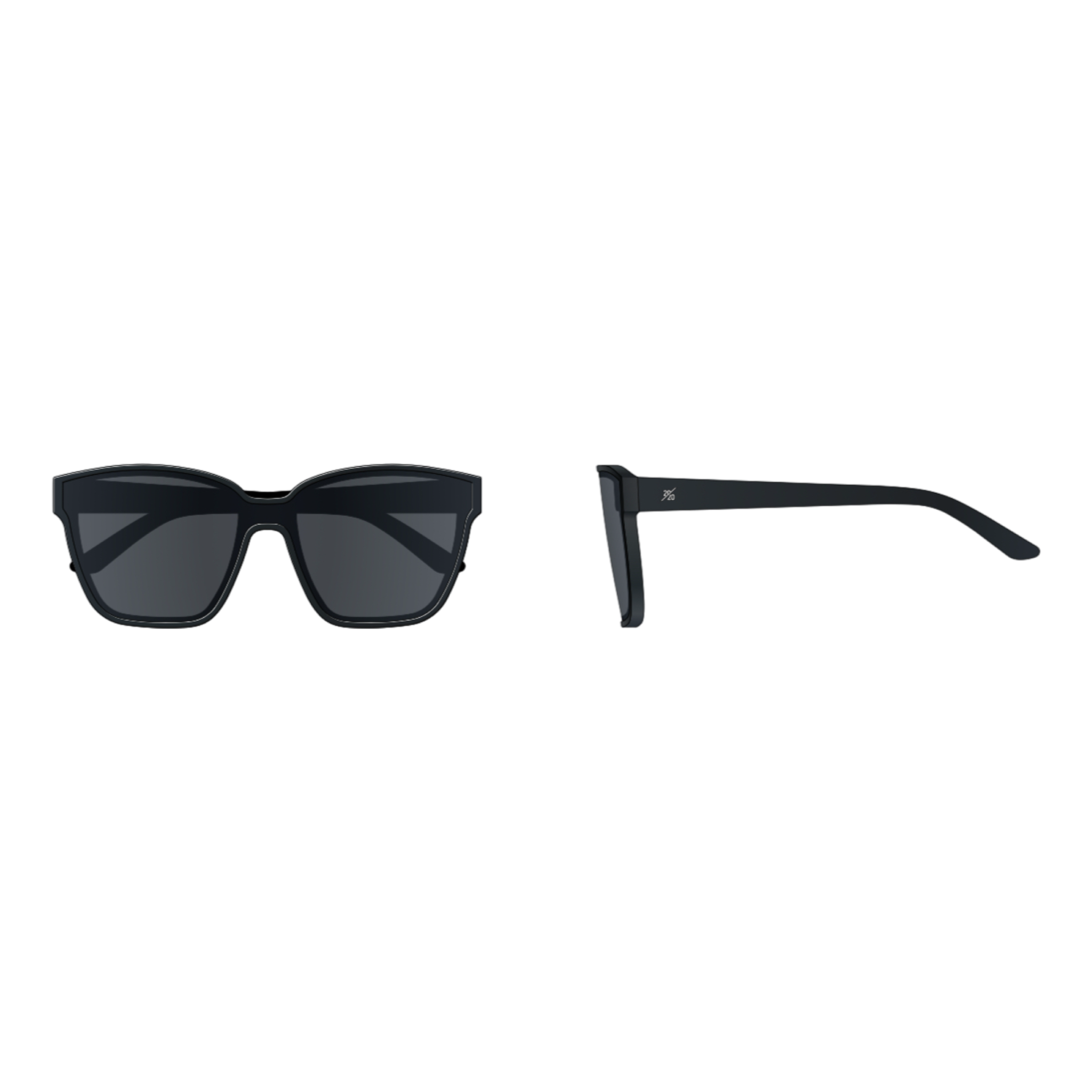 A pair of black-framed sunglasses featuring reflective silver lenses, resting on a flat surface.