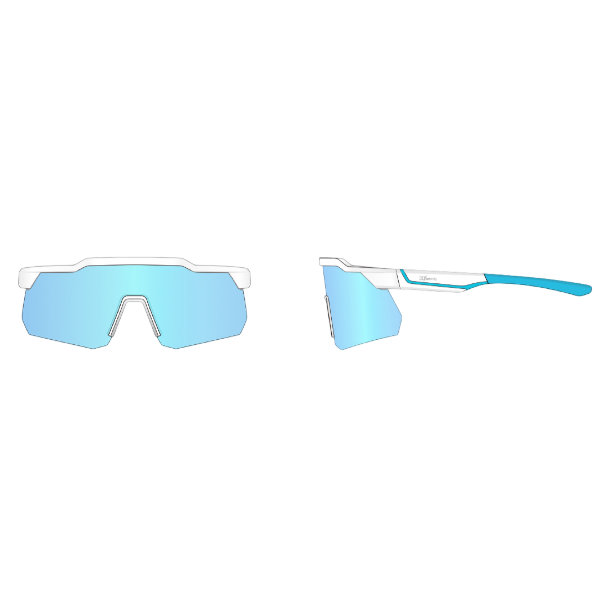 A pair of sunglasses featuring blue and white frames, stylishly designed for a modern look.