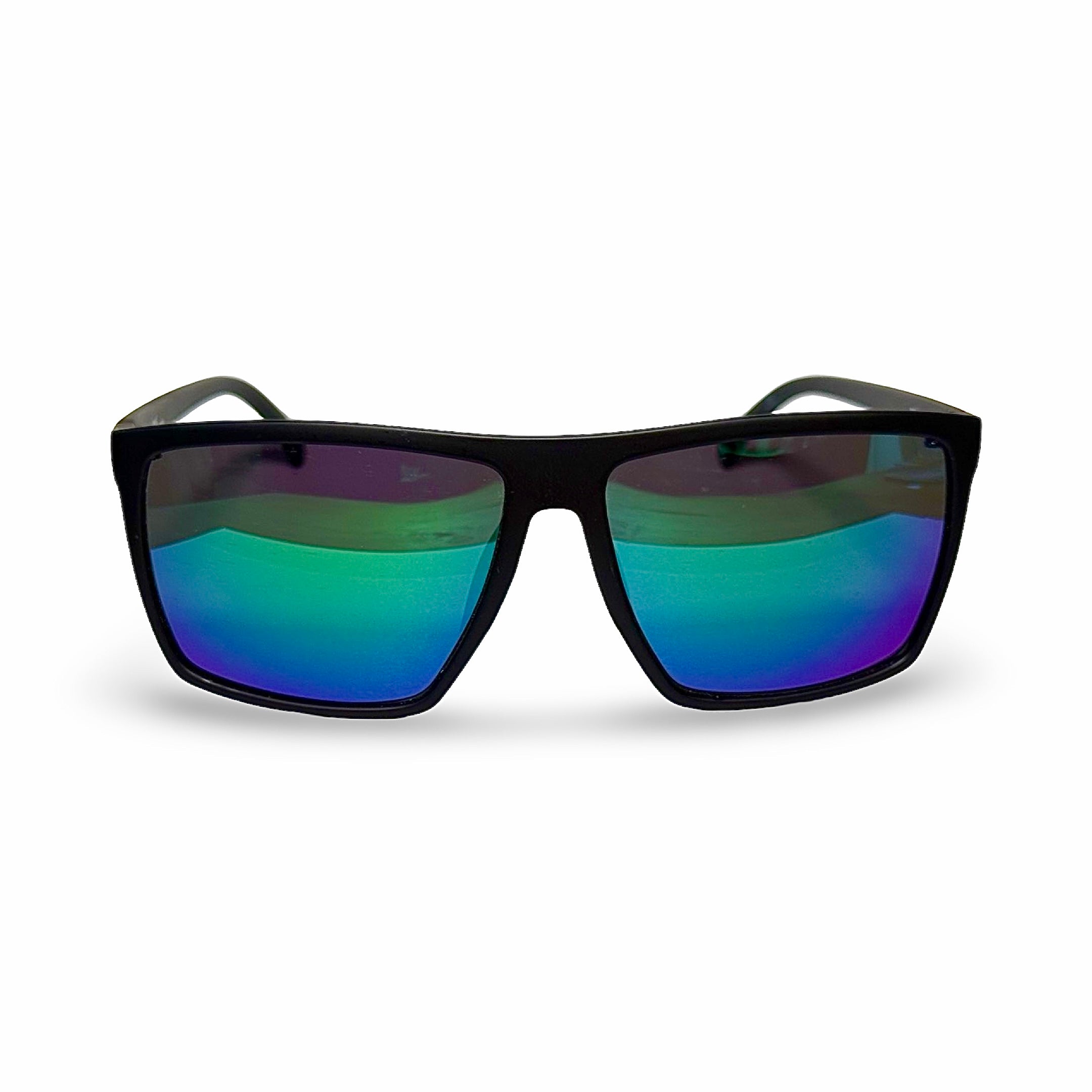 A pair of black-framed sunglasses with grey lenses displayed against a neutral background.