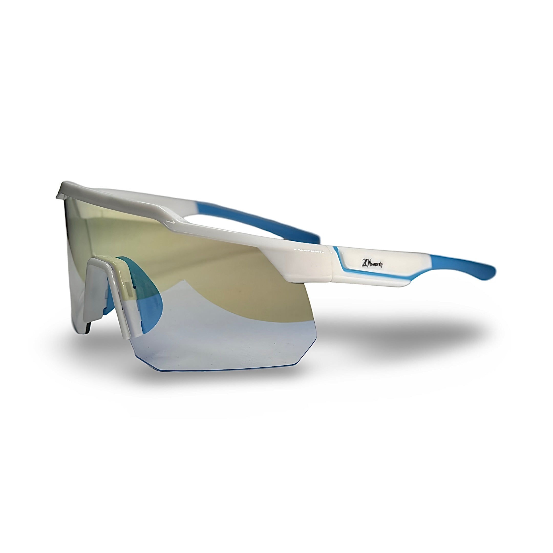 A pair of sunglasses featuring blue and white frames, stylishly designed for a modern look.