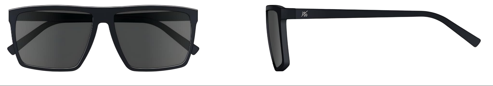 A pair of black-framed sunglasses with grey lenses displayed against a neutral background.