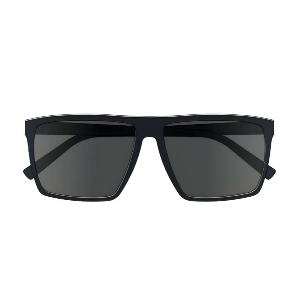 A pair of black-framed sunglasses with grey lenses displayed against a neutral background.